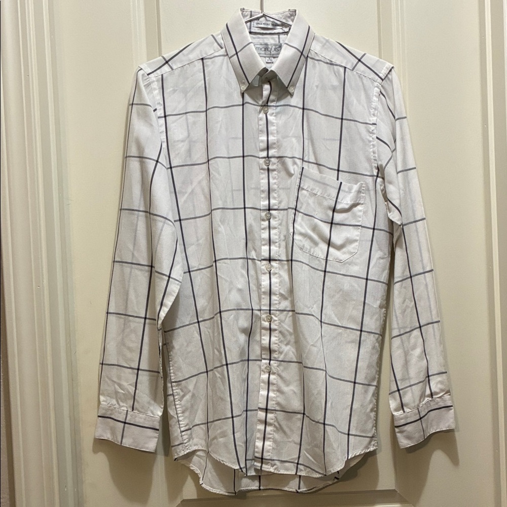 Vintage Small Single Needle Tailoring Men's White & Black Grid Pattern button up